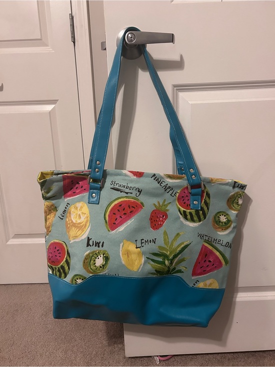 Handmade Handbags - Handmade Tropical Blue Fruit-Print Canvas Tote Bag with Zipper and Teal Trim